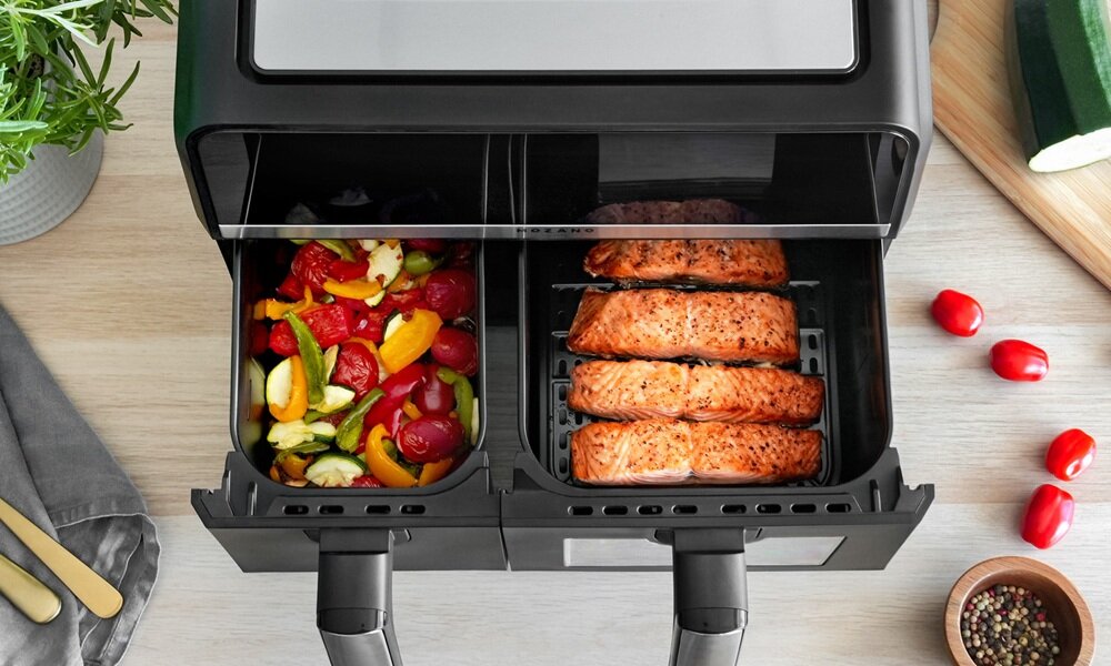 Air Fryer Frytkownica beztłuszczowa MOZANO Duofry Unlimited 9l WI-FI 8 Programów ulubione dania w zdrowszej wersji, komfort użytkowania, dwie misy, można myć w zmywarce, szybkie nagrzewanie, wygodne sterowanie, aplikacja mobilna