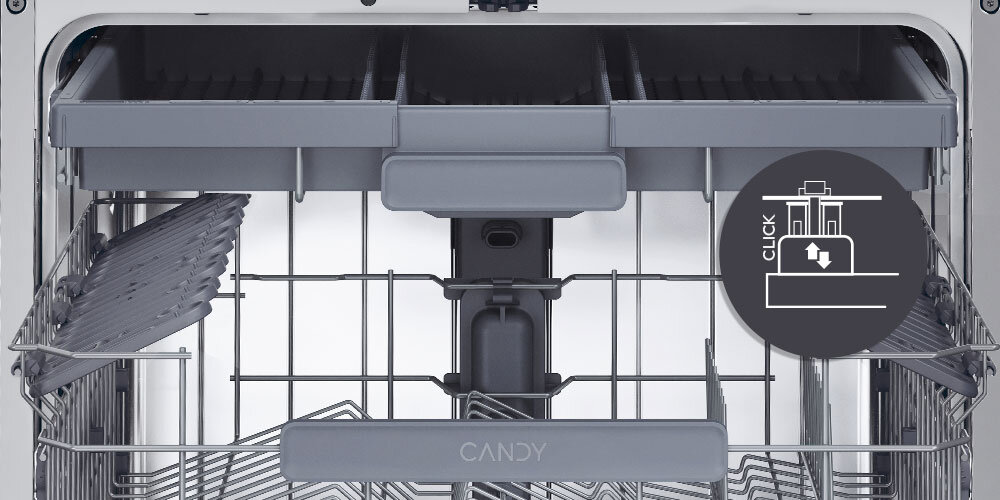 ZMYWARKA CANDY CF 3C7L1S wnętrze kosz szuflada logo infografika przyciski Regulacja górnego kosza zmiana wysokości wygoda komfort dostosowanie do potrzeb podnoszenie opuszczanie