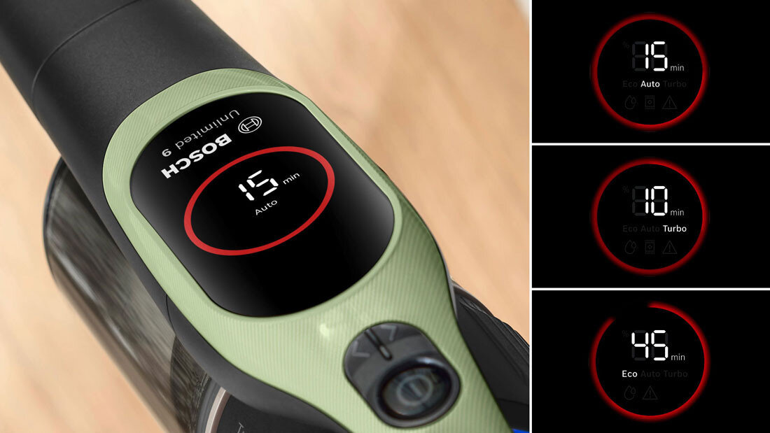 Odkurzacz BOSCH Unlimited 9 BCS931TQC Wyświetlacz LED z trzema trybami odkurzania: Turbo, Auto, Eco informacja Tryb „Turbo” tryb „Auto”  dostosowani tryb „Eco” łatwo dostosować odkurzanie do swoich potrzeb