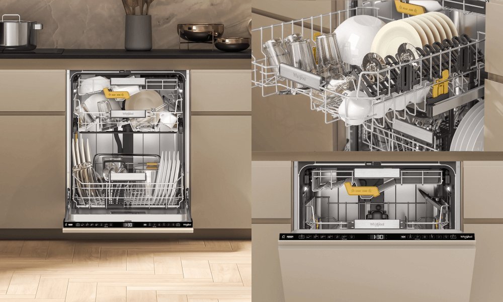 ZMYWARKA WHIRLPOOL W8I HF58 TUS wizualizacja zmywarka zbliżenie otwarta wnętrze budowa kosze wygląd estetyka elegancki design solidne wykonanie konstrukcja budowa Wykończenie stal nierdzewna