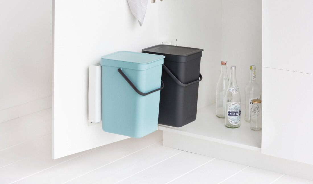 Kosz na śmieci BRABANTIA 110023 Sort & Go 2 x 16L Szary/Miętowy oszczędność miejsca pojemność wymiary montaż elastyczne segregacja otwieranie