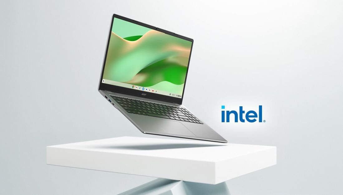  Laptop Acer Chromebook stoi na podium, a logo Chromebook podkreśla system ChromeOS do codziennej pracy - ChromeOS Intel LPDDR5X eMMC