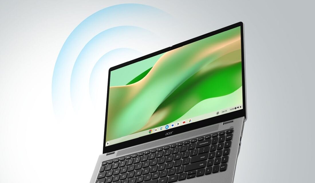 Laptop Acer Chromebook z graficznym symbolem Wi‑Fi prezentuje stabilną łączność do pracy online i nauki - Wi-Fi 6 