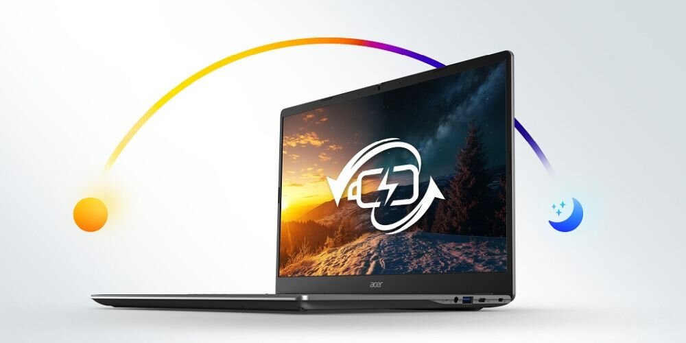Laptop Acer Chromebook z ikonami dnia i nocy symbolizuje długą pracę na baterii w trybie mobilnym - Bateria 45 Wh 