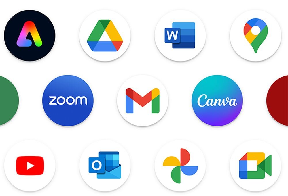 Obraz przedstawia zestaw ikon aplikacji, w tym Adobe, Google Drive, Microsoft Word, Google Maps, Zoom, Gmail, Canva, YouTube, Outlook, Google Photos i Google Meet. Ikony są umieszczone na białym tle w okrągłych ramkach.