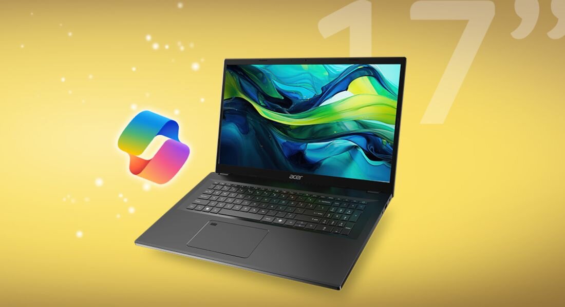 Laptop z wyświetlaczem pokazującym kolorową grafikę na żółtym tle. Obok laptopa widoczne jest kolorowe logo w kształcie fali oraz napis \'17\