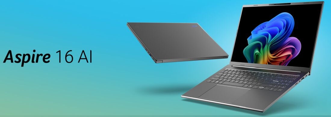 Obraz przedstawia dwa laptopy na tle gradientu od zielonego do niebieskiego. Po lewej stronie widoczny jest tekst: \'Aspire 16 AI\'.
