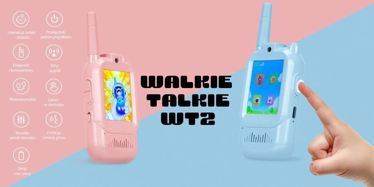 Krótkofalówka REDLEAF Walkie-talkie WT2 Niebieski, Różowy (2 szt.), Kamera, ekran, obraz, komunikacja, Grafika dwóch krótkofalówek dla dzieci, różowej i niebieskiej; po lewej ikony funkcji, na środku napis „Walkie Talkie WT2