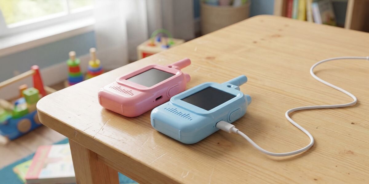 Krótkofalówka REDLEAF Walkie-talkie WT2 Niebieski, Różowy (2 szt.), Zasięg, łączność, bezpieczeństwo, teren, Dwie dziecięce krótkofalówki – różowa i niebieska – leżą na drewnianym stole; niebieska jest podłączona do ładowania kablem USB, w tle widać zabawki i jasne wnętrze pokoju dziecięcego