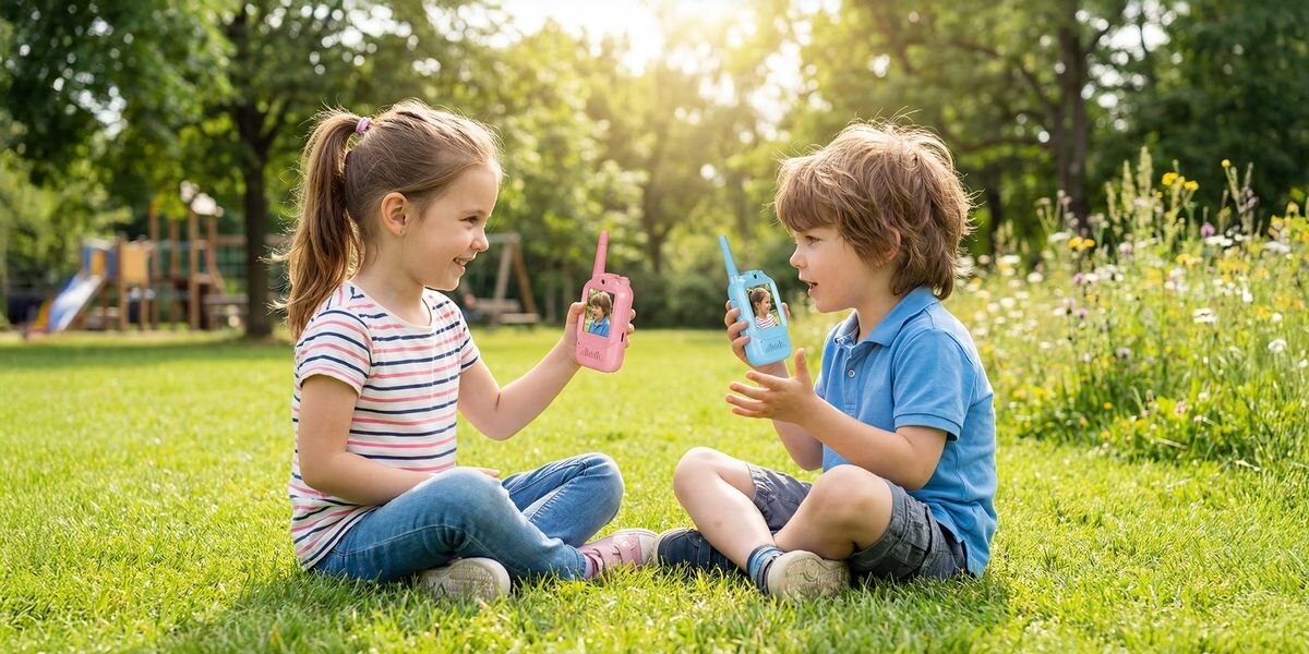 Krótkofalówka REDLEAF Walkie-talkie WT2 Niebieski, Różowy (2 szt.), Bateria, czas pracy, ładowanie, mobilność, dziewczynka i chłopiec siedzą naprzeciw siebie na trawie w słonecznym parku i rozmawiają przez kolorowe krótkofalówki – różową i niebieską – uśmiechając się do siebie; w tle widoczny plac zabaw i drzewa