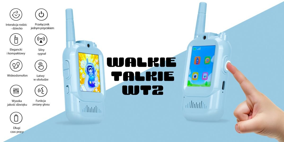 Krótkofalówka REDLEAF Walkie-talkie WT2 Niebieski, Niebieski (2 szt.), Kamera, ekran, obraz, komunikacja, Grafika dwóch krótkofalówek dla dzieci, różowej i niebieskiej; po lewej ikony funkcji, na środku napis „Walkie Talkie WT2