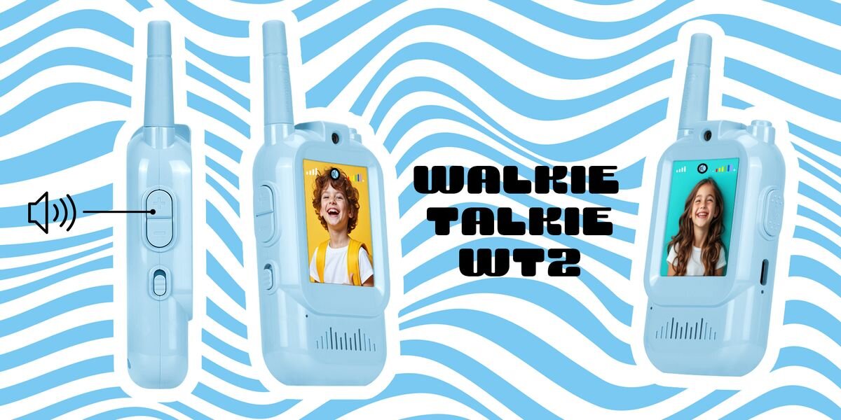 Krótkofalówka REDLEAF Walkie-talkie WT2 Niebieski, Niebieski (2 szt.), Tryby, ekran, funkcje, obsługa, Grafika promocyjna dziecięcych krótkofalówek Walkie Talkie WT2 w kolorze niebieskim i Niebieskim; na ekranach widać uśmiechnięte dzieci, obok pokazano przyciski regulacji głośności, a w tle znajduje się falisty, niebiesko-biały wzór