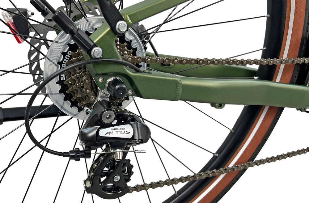 Rower miejski INDIANA X3 29 cali damski Zielony zbliżenie na przerzutkę tylna przerzutka SHIMANO Altus typu RD-M310 manetki SHIMANO 18804343 7 przełożeń można dopasować sposób jazdy do aktualnych warunków