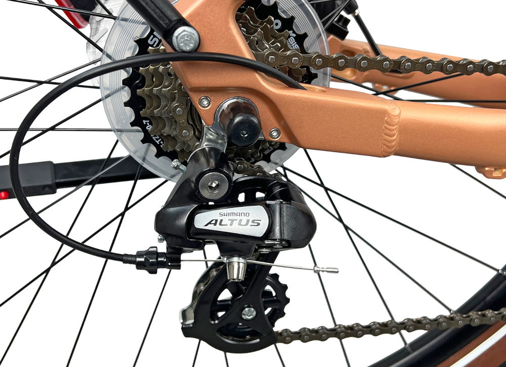 Rower miejski INDIANA X3 29 cali damski Złoty zbliżenie na przerzutkę tylna przerzutka SHIMANO Altus typu RD-M310 manetki SHIMANO 18804343 7 przełożeń można dopasować sposób jazdy do aktualnych warunków
