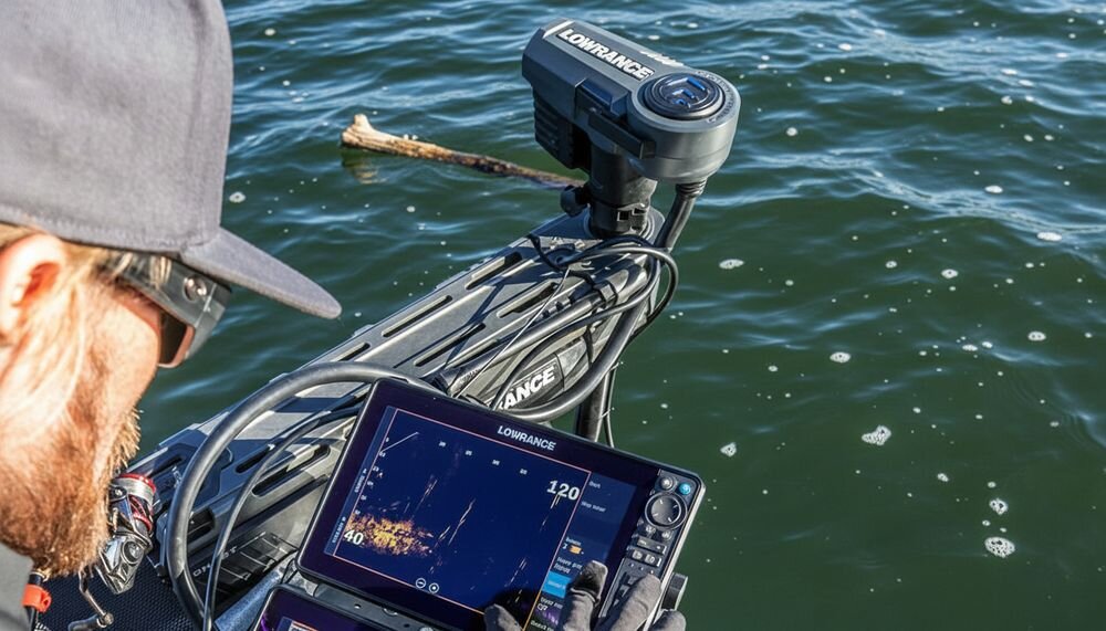 Echosonda wędkarska LOWRANCE ActiveTarget 2 obraz ryb i struktury w czasie rzeczywistym, osoba trzymająca urządzenie w ręku