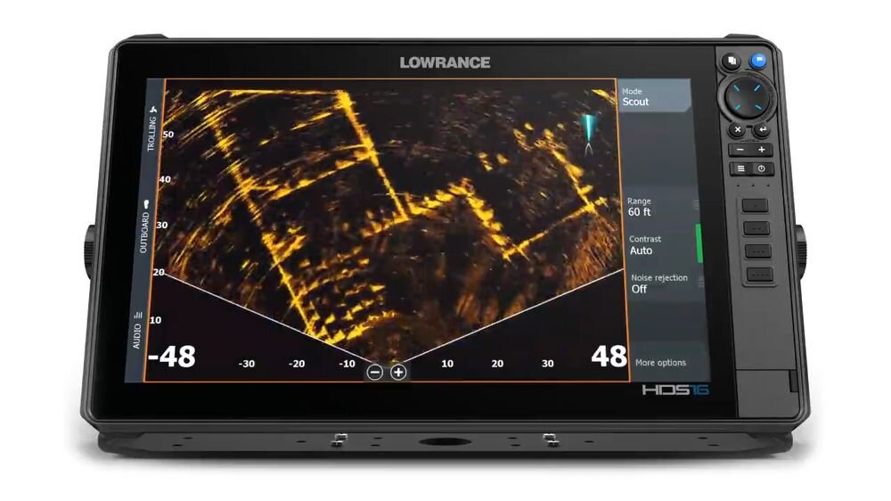 Echosonda wędkarska LOWRANCE ActiveTarget 2 zwiększona szczegółowość obrazu ryb i struktury dalej od łodzi, urządzenie na białym tle