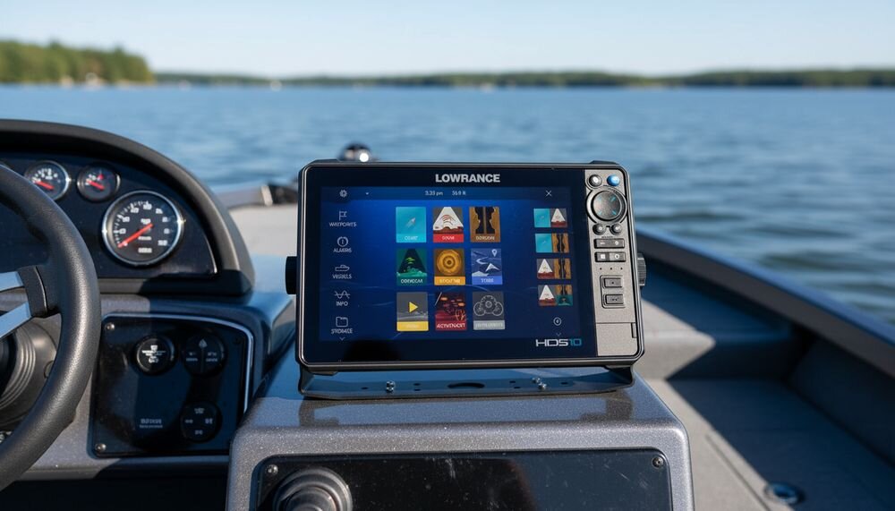 LOWRANCE HDS 10 PRO + Active Imaging HD 3 in 1 Row echosonda wędkarska 10 cali CHIRP SideScan DownScan nawigacja, urzadzenie zamontowane na łódce