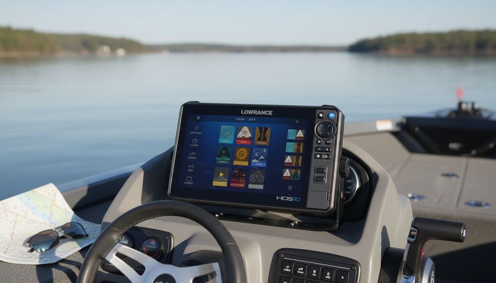 LOWRANCE HDS 10 PRO + Active Imaging HD 3 in 1 Row Bluetooth Ethernet Wi-Fi 700 1200 kHz IPX7 GPS, urzadzenie zamontowane na łódce