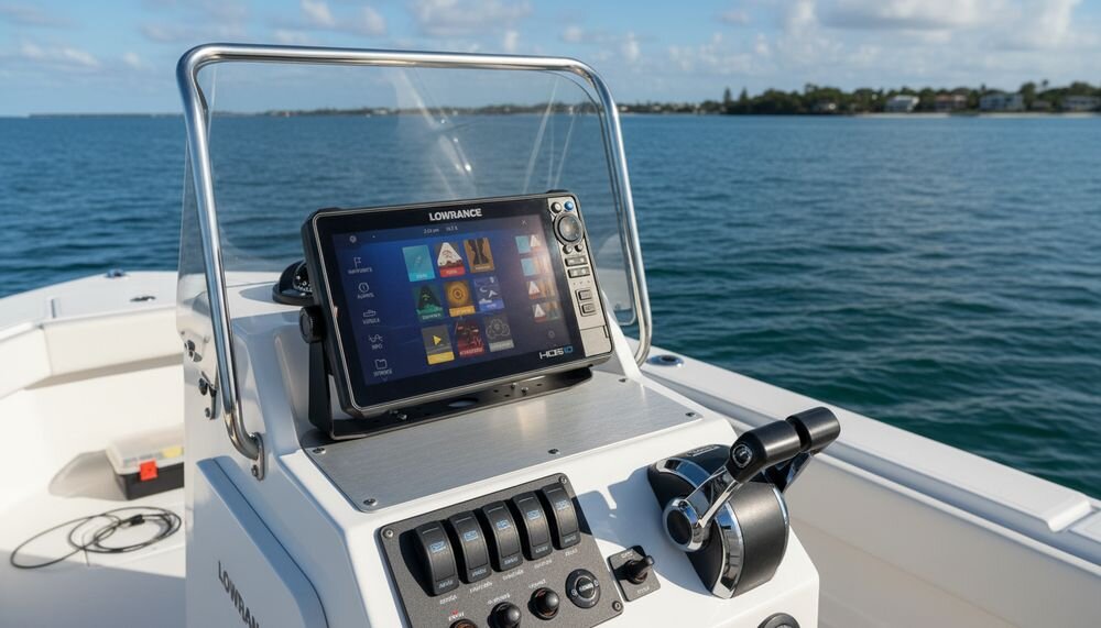 LOWRANCE HDS 10 PRO + Active Imaging HD 3 in 1 Row Active Imaging HD CHIRP SideScan DownScan 700 1200 kHz, urzadzenie zamontowane na łódce