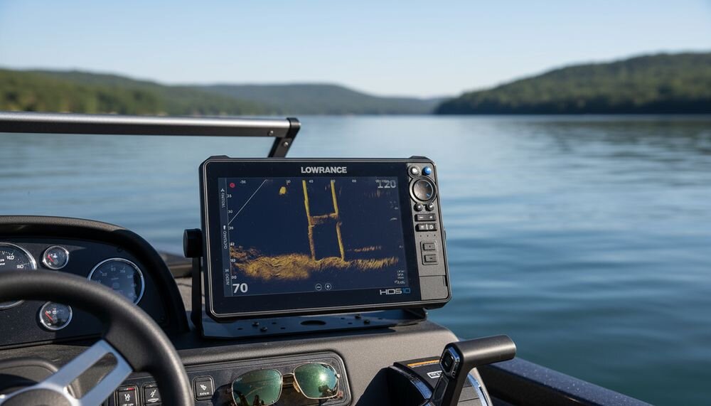 LOWRANCE HDS 10 PRO + Active Imaging HD 3 in 1 Row FishReveal SideScan DownScan moduł S3100, urzadzenie zamontowane na łódce