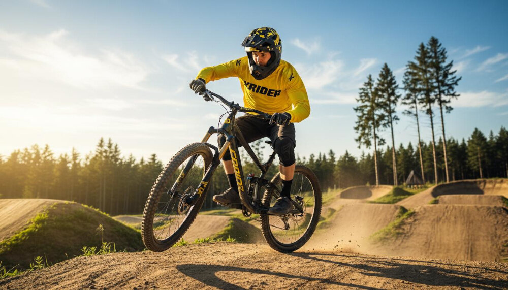 Kask XRIDER XRFH003L Czarno-żółty Full Face z odpinaną szczęką rozmiar L góry piasek osoba na rowerze w kasku jedzie po drodze w tle drzewa niebo wypinana szczęka MTB ochrona twarzy