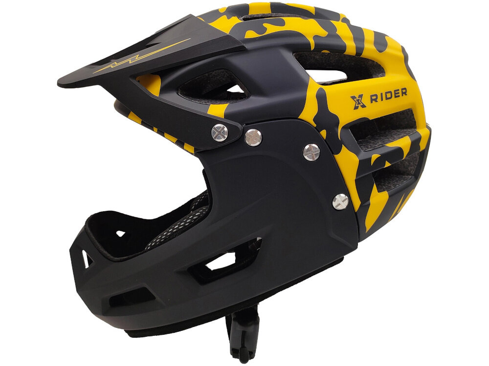 Kask XRIDER XRFH003M Czarno-żółty Full Face z odkręcaną szczęką rozmiar M kask na białym tle widoczny z boku kask MTB full face PC EPS EPP certyfikat EN1078