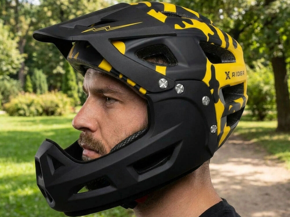 Kask XRIDER XRFH003M Czarno-żółty Full Face z odkręcaną szczęką rozmiar M osoba w kasku widoczna z boku w tle drzewa las drzewa antyalergiczna wyściółka miękki pasek