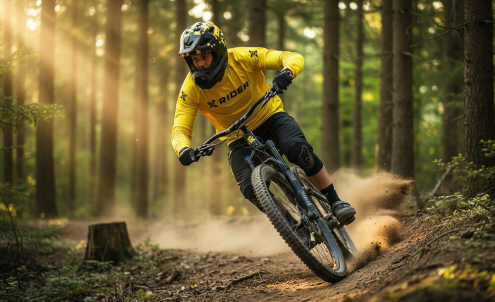 Kask XRIDER XRFH003M Czarno-żółty Full Face z odkręcaną szczęką rozmiar M las piasek osoba na rowerze w kasku jedzie po drodze waga 500 g lekka konstrukcja