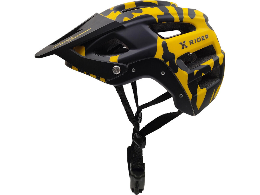 Kask XRIDER XRFH003M Czarno-żółty Full Face z odkręcaną szczęką rozmiar M kask a białym tle widoczny z boku daszek MTB widoczność