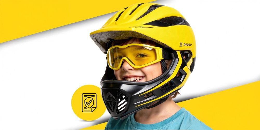 Dziecko nosi żółto-czarny kask z odpinaną szczęką i żółtymi okularami ochronnymi. Na kasku widoczne jest logo \'RIDER\'.