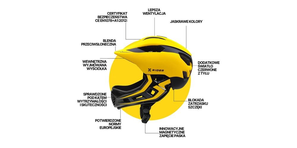 Żółto-czarny kask XRIDER z odpinaną szczęką i lampką, z oznaczeniami cech: certyfikat bezpieczeństwa, lepsza wentylacja, jaskrawe kolory, blenda przeciwsłoneczna, wewnętrzna wyjmowana wyściółka, dodatkowe światło czerwone z tyłu, blokada zatrzasku szczęki, innowacyjne magnetyczne zapięcie paska, potwierdzone normy europejskie, sprawdzone pod kątem wytrzymałości i skuteczności.