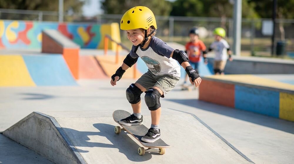 Dziecko w żółtym kasku jeździ na deskorolce w skateparku. W tle widać kolorowe rampy i inne dzieci.
