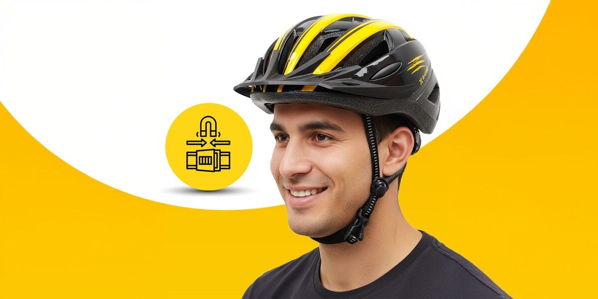 Osoba nosi czarno-żółty kask rowerowy z widocznymi żółtymi paskami. W tle znajduje się żółte koło z ikoną przedstawiającą mechanizm regulacji.