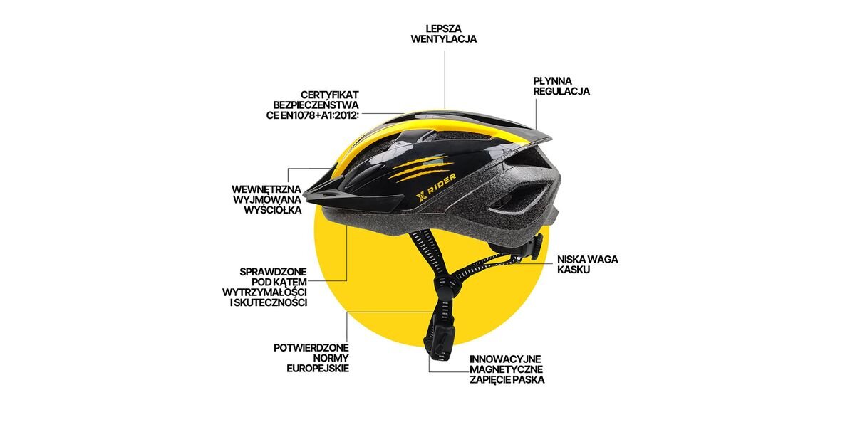 Czarno-żółty kask rowerowy z napisem \'X-RIDER\' i różnymi cechami opisanymi wokół, takimi jak lepsza wentylacja, certyfikat bezpieczeństwa CE EN1078+A1:2012, oraz innowacyjne magnetyczne zapięcie paska. Kask jest przedstawiony na tle żółtego koła.