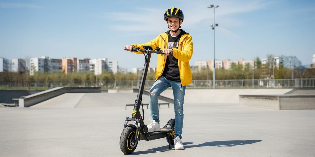 Osoba w kasku czarno-żółtym stoi na hulajnodze elektrycznej na otwartej przestrzeni skateparku. W tle widoczne są budynki mieszkalne i drzewa.