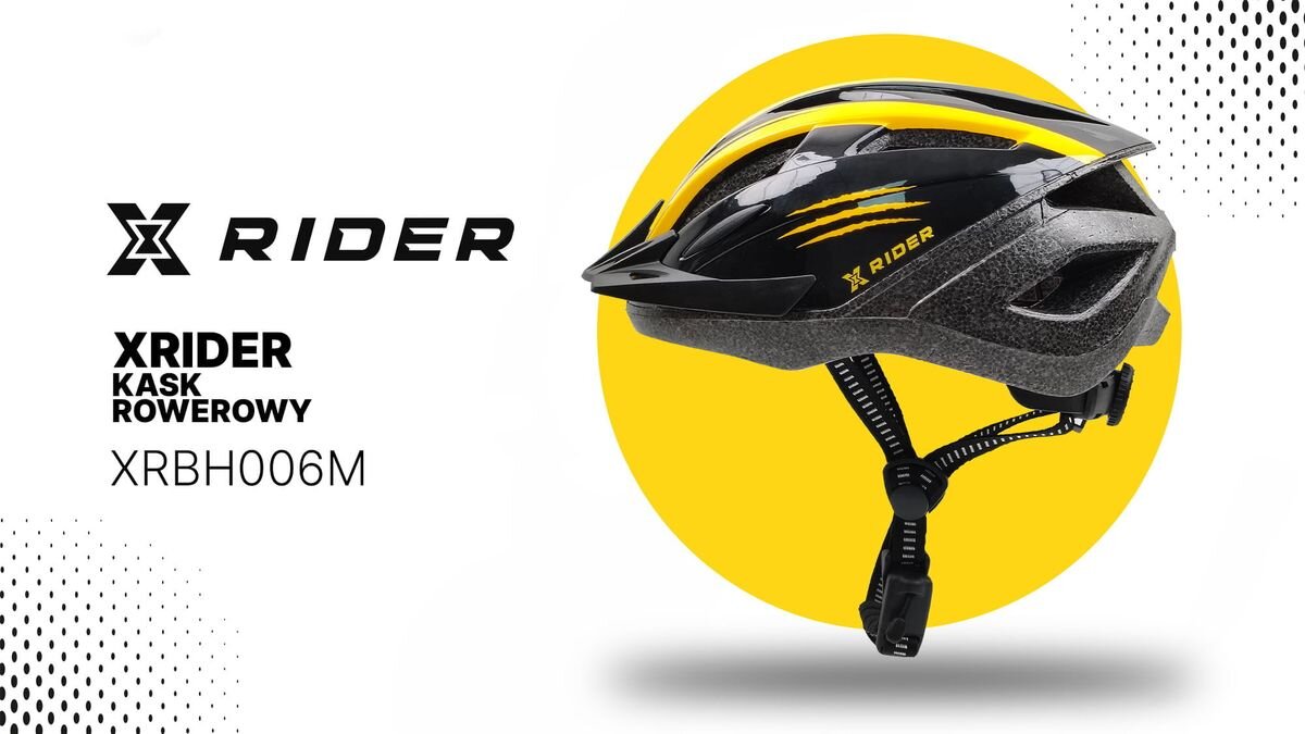Na obrazie widoczny jest czarno-żółty kask rowerowy z napisem \'XRIDER\' na tle żółtego koła. Obok kasku znajduje się tekst: \'XRIDER KASK ROWEROWY XRBH006M\'.
