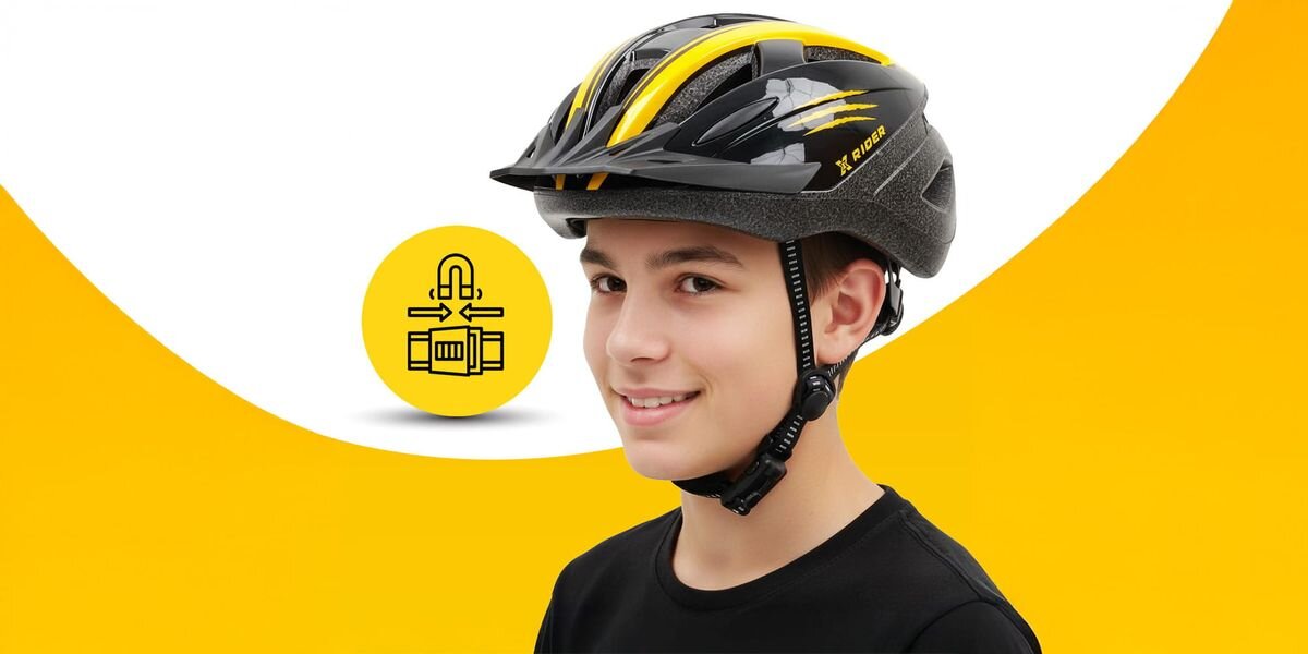 Osoba nosi czarno-żółty kask rowerowy z napisem \'XRIDER\'. W tle znajduje się żółte koło z białym symbolem regulacji.