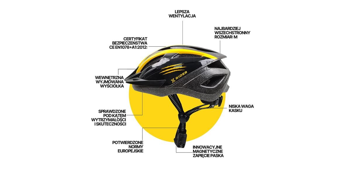 Czarno-żółty kask rowerowy z napisem \'X-RIDER\' i różnymi cechami opisanymi wokół, takimi jak lepsza wentylacja, certyfikat bezpieczeństwa CE EN1078+A1:2012, oraz innowacyjne magnetyczne zapięcie paska. Kask jest przedstawiony na tle żółtego koła.