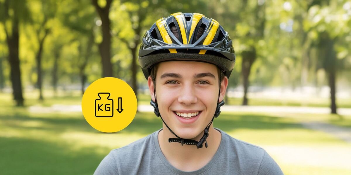 Osoba nosi czarno-żółty kask rowerowy, a w tle widać park. Obok znajduje się żółta ikona z symbolem wagi i strzałką w dół oraz napisem \'KG\'.