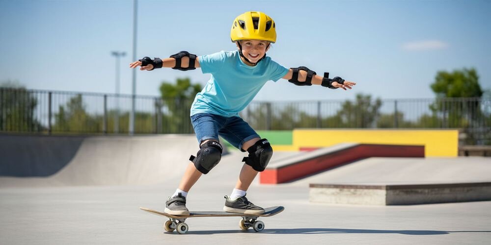 Dziecko w żółto-czarnym kasku jeździ na deskorolce w skateparku. Ma na sobie ochraniacze na łokcie i kolana oraz niebieską koszulkę.