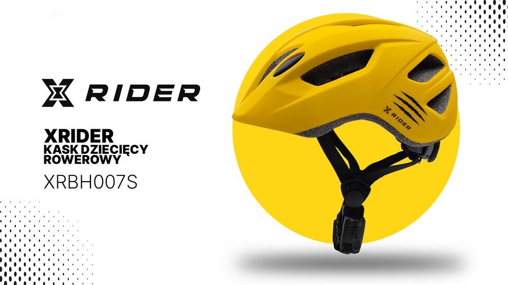Żółto-czarny kask rowerowy z napisem \'X RIDER\' i modelem \'XRBH007S\'. Obok kasku widoczne jest logo \'X RIDER\' oraz tekst \'XRIDER KASK DZIECIĘCY ROWEROWY XRBH007S\'.