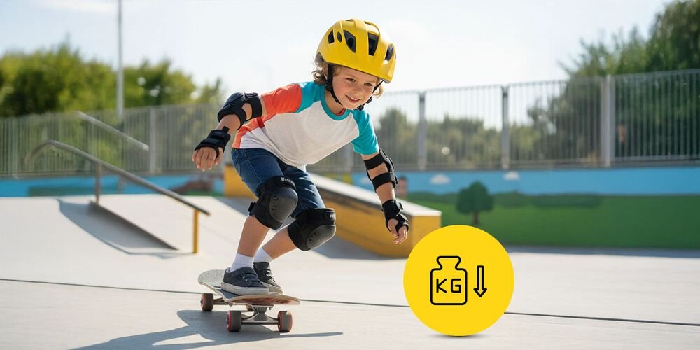 Dziecko w żółto-czarnym kasku jeździ na deskorolce w skateparku. Na obrazie widoczna jest także żółta ikona z symbolem wagi i strzałką w dół oraz napisem \'KG\'.