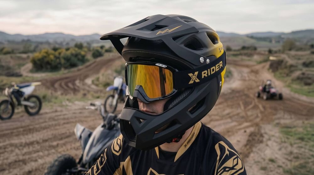 Osoba w kasku motocyklowym z goglami, na których widnieje napis \'X RIDER\', stoi na torze motocrossowym. W tle widać motocykle i quady na piaszczystej trasie.