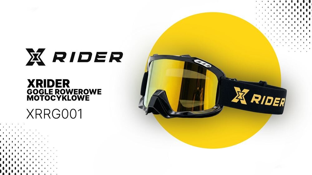 Obraz przedstawia gogle XRIDER z żółtymi szkłami i czarną oprawką, z logo XRIDER na pasku. Obok znajduje się tekst: \'XRIDER GOGLE ROWEROWE MOTOCYKLOWE XRRG001\'.