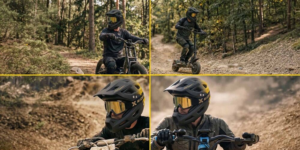 Cztery zdjęcia przedstawiają osoby w kaskach i goglach, jadące na rowerach terenowych po leśnych ścieżkach. Widoczne są kaski z napisem \'RIDER\'.