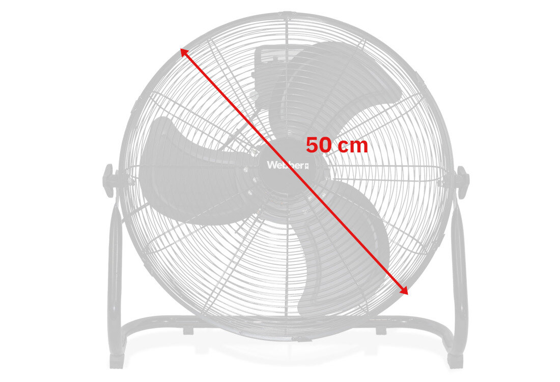 Obraz przedstawia wentylator z trzema łopatkami, z napisem \'Webber\' na środku. Na wentylatorze widoczna jest czerwona strzałka z napisem \'50 cm\'.