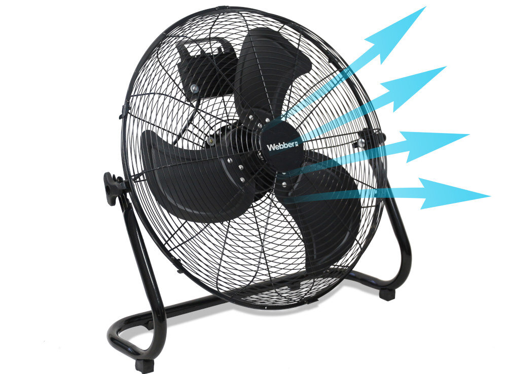 Czarny wentylator z trzema łopatkami, umieszczony na stojaku. Na środku widoczne jest logo \'Webber\', a niebieskie strzałki wskazują kierunek przepływu powietrza.
