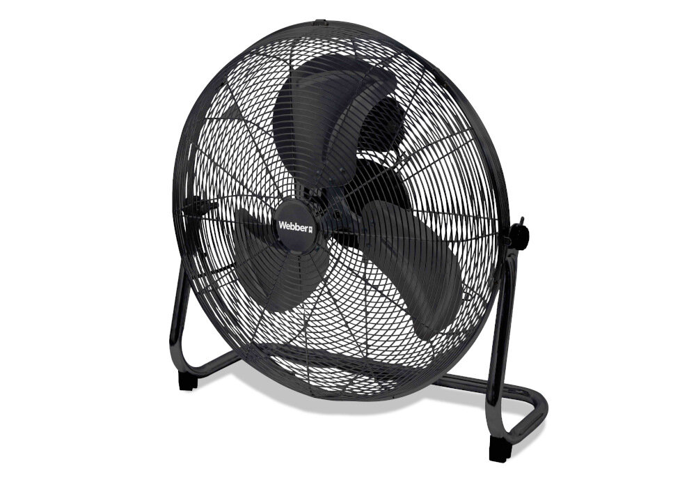 Czarny wentylator z trzema łopatkami, umieszczony na metalowej podstawie. Na środku widoczne jest logo \'Webber\'.