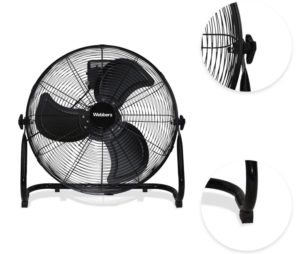 Czarny wentylator z trzema łopatkami, umieszczony na metalowej podstawie. Na środku widoczne jest logo \'Webber\'.