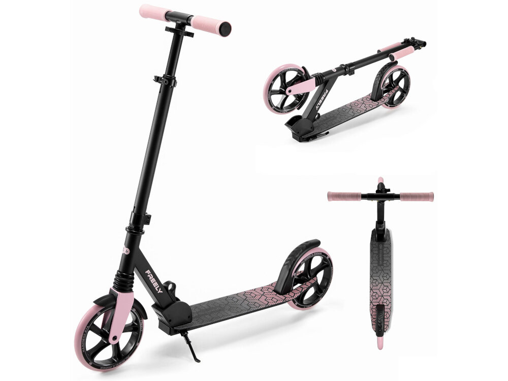 Hulajnoga KINDERKRAFT Freely Różowy hulajnoga na białym tle widoczna w trzech ujęciach od przodu pod skosem z góry i złożona  dla dzieci od 5 roku życia dla użytkowników do 100 kg wspiera aktywny styl życia pomaga ograniczyć czas spędzany przed ekranem